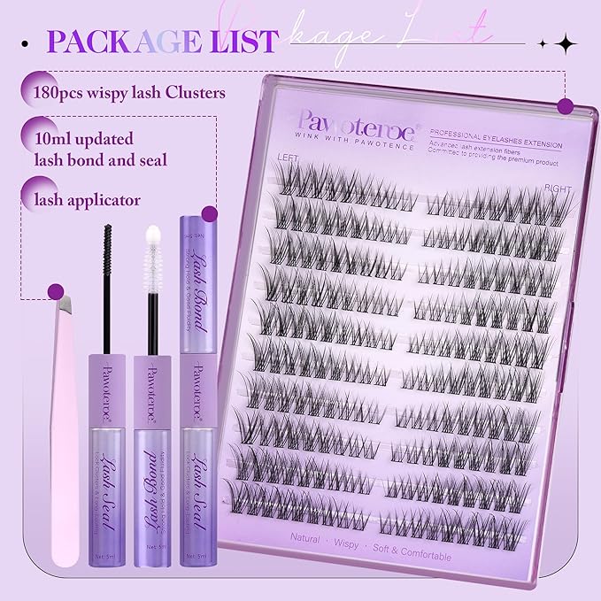 Wispy Lash Clusters Kit Cat Eye Lash Extension Kit 180pcs Natural Individual Lashes Left Right Cluster Eyelash Extensions Kit with Lash Bond and Seal, Lash Tweezers for Self Application