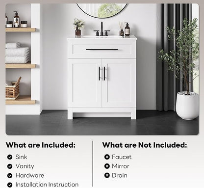 LIKIMIO 30" Bathroom Vanity with Sink, 1 U-Shaped Drawer & 2 Doors, White | Freestanding Bathroom Vanity, Integrated Ceramic Sink, Soft-Close Doors & Drawer, Modern Bathroom Storage Cabinet