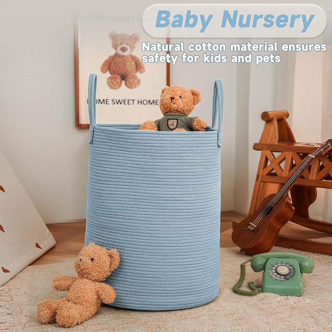JMvicyroam 60L Cotton Rope Laundry Basket Hamper, Blue | Collapsible laundry basket, reinforced handles, freestanding, machine washable, holds 3-5 thick blankets, clothes or toys