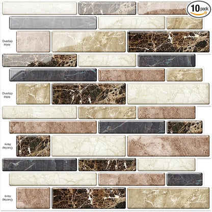 10 Sheets Peel and Stick Backsplash, Peel and Stick Tiles, Marble Look Wall Tiles Backsplash for Kitchen and Bathroom, Livingroom, 12"x12", Brown