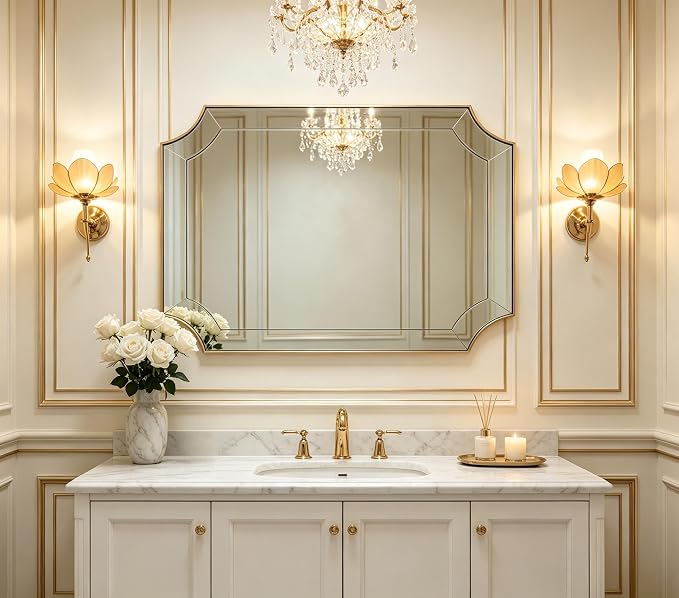 30x48 Scalloped Bathroom Mirror, Large Brushed Gold Mirror | Delicate Tessellated Glass Design, SUS304 Frame, Horizontal & Vertical