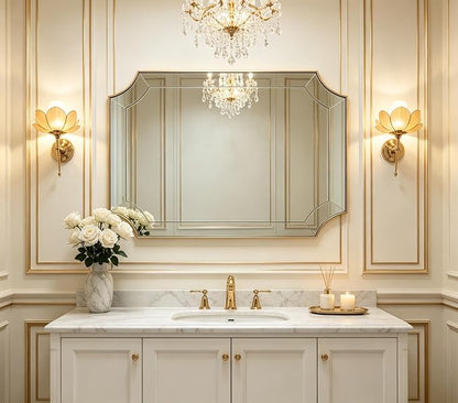 30x48 Scalloped Bathroom Mirror, Large Brushed Gold Mirror | Delicate Tessellated Glass Design, SUS304 Frame, Horizontal & Vertical