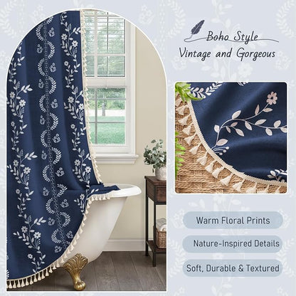 Vintage Boho Blue Shower Curtain, Floral Linen Patterned Shower Curtains for Bathroom with Tassels, 72 x 72