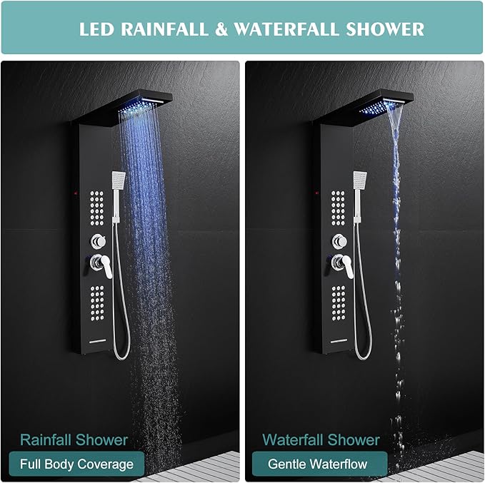 LED Shower Panel Tower System Black with Rainfall Waterfall Shower Head, 5-in-1 Shower Tower with Powerful Body Jets, Handheld Shower and Tub Spout, High Pressure Shower Column Stainless Steel