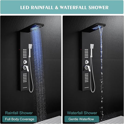 LED Shower Panel Tower System Black with Rainfall Waterfall Shower Head, 5-in-1 Shower Tower with Powerful Body Jets, Handheld Shower and Tub Spout, High Pressure Shower Column Stainless Steel
