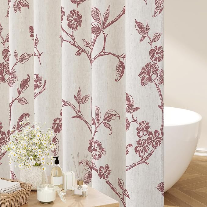 MitoVilla Long Linen Floral Shower Curtain for Bathroom,72 x 78 | Long Cottagecore Spring Shower Curtains for Bathroom, Modern Farmhouse Country Plant Leaves Bathroom Décor, 72 x 78
