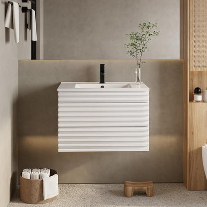 eclife 30" Floating Bathroom Vanity with Sink Combo Mid-Century Wall Mounted Cabinet with Wood Stripes Decor, Drawers, Undermount Single Sink, Faucet, Drain, Mixed White