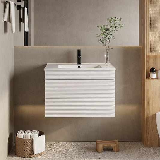 eclife 30" Floating Bathroom Vanity with Sink Combo Mid-Century Wall Mounted Cabinet with Wood Stripes Decor, Drawers, Undermount Single Sink, Faucet, Drain, Mixed White