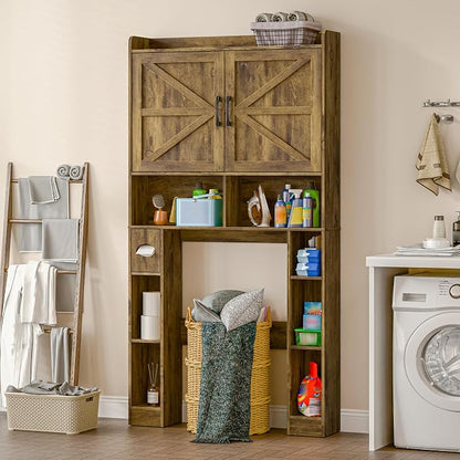 Vabches Over The Toilet Storage Cabinet with Barn Doors, Brown | Toilet Cabinet Rack, Space Saving Bathroom Organizer with Shelves, Toilet Paper Holder and Towel Rack for Bathroom,Laundry.