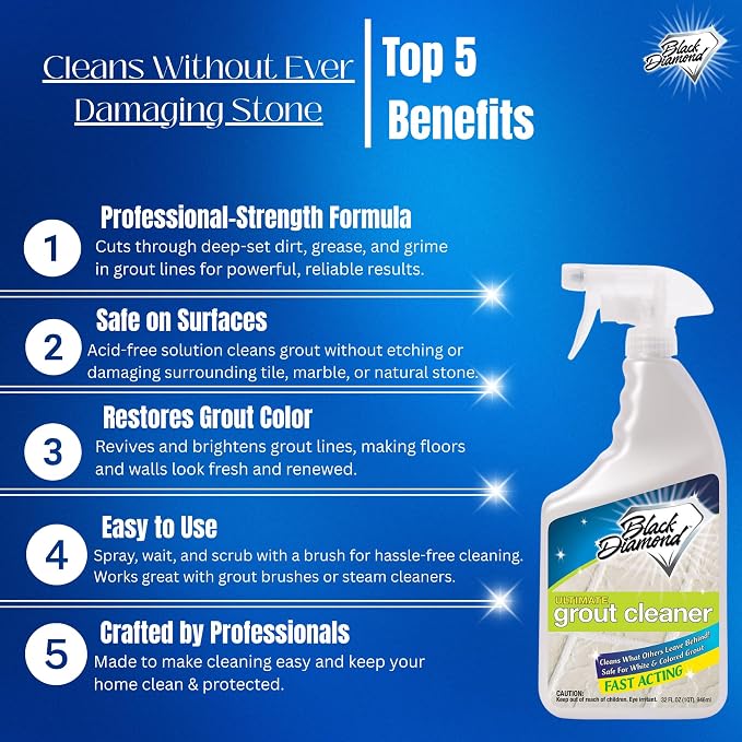 Ultimate Grout Cleaner for Tile Floors, 2-QTS W Brush | Acid-free formula deep cleans grout on tile floors. Safe for marble, travertine, granite and all natural stone.