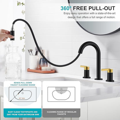 KENES Black and Gold Pull Out Widespread Bathroom Faucet 3 Hole, 8 Inch 2 Handle Bathroom Sink Faucet with Pull Down Sprayer, Vanity Faucet with Pop Up Drain and Supply Lines LJ-9068-BG