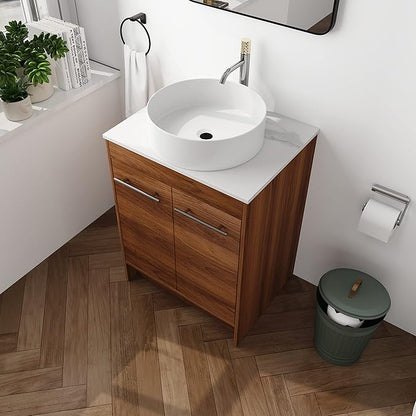 24" Bathroom Vanity, 24 Inch Freestanding Vanity with Ceramic Vessel Sink, Modern Single Sink Bathroom Vanity Combo, Brown Floor Stand Storage Cabinet Set(BRE400, 24 * 18)