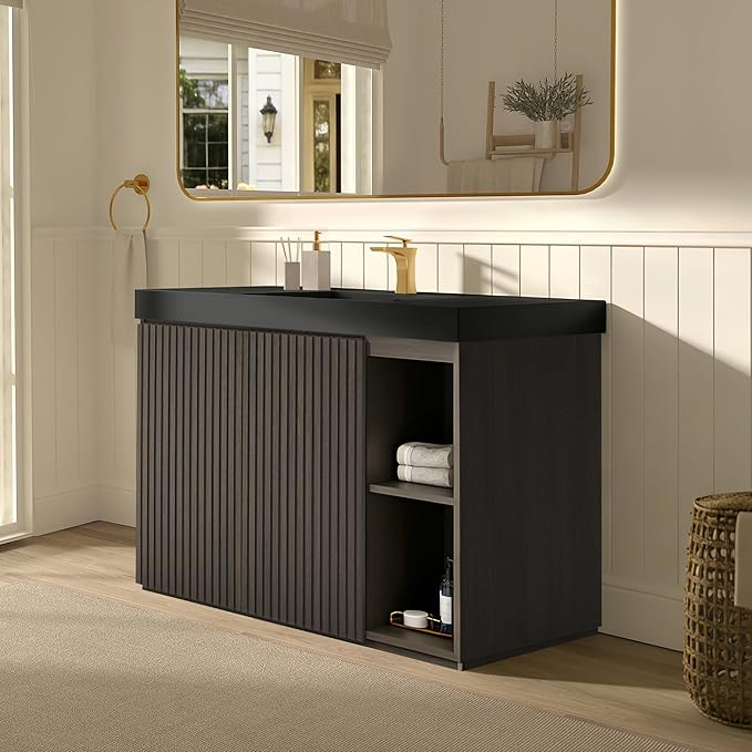 48" Bathroom Vanity with Sink, Freestanding Single Sink Bathroom Vanity with Black Engineered Stone Top & Open Side Storage, Soft-Closing Doors with Adjustable Shelf, Smoked Oak Brown