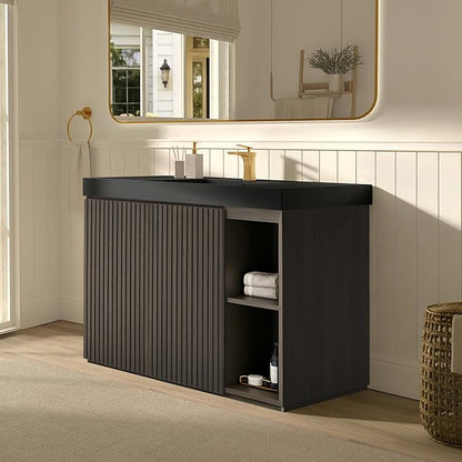 48" Bathroom Vanity with Sink, Freestanding Single Sink Bathroom Vanity with Black Engineered Stone Top & Open Side Storage, Soft-Closing Doors with Adjustable Shelf, Smoked Oak Brown