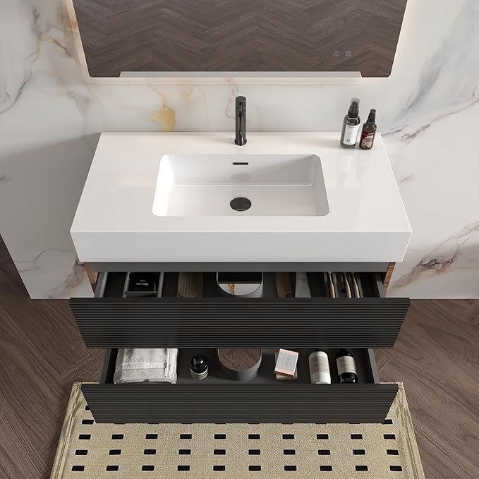 36 Inch Bathroom Vanity with Sink, Floating Bathroom Cabinet with 2 Soft-Closing Drawers, Large Storage for Small Bathroom, Apartment, Hotel, Walnut+Black, White Sink