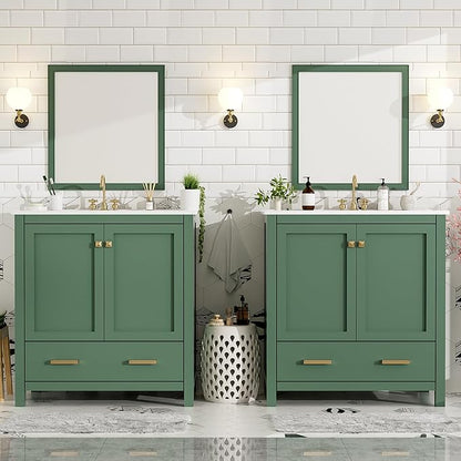LUMISOL 60" Bathroom Vanity with Double Sink, Solid Wood Bathroom Sink Cabinet with Divided Drawers, Storage Racks & Cabinets, Separate 2 Bathroom Vanities with Double Ceramic Sinks, Green