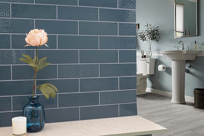 M S International Urbano Navy Glossy Mix Ceramic Subway Wall Tile for Bathroom, Kitchen Backsplash, Accent, and Shower - Sample