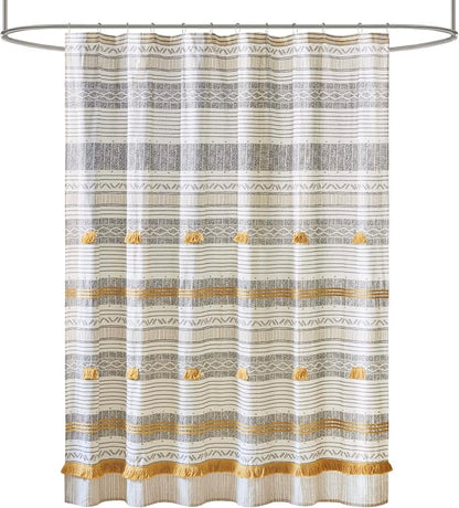 INK+IVY Cody Shower Curtain for Bathroom, Cotton, 72 x 72, Gray/Yellow | Adds Privacy, Machine Washable, Striped Pattern, Boho, OEKO-TEX Certified