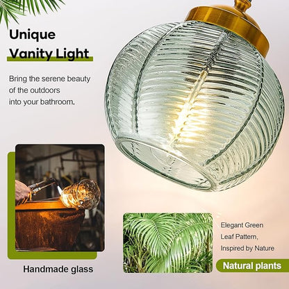 Bathroom Light Fixtures, 3-Light Green Vanity Lights with Unique Leaf Texture Glass Shade, Modern Matte Black and Gold Bathroom Wall Lamp for Mirror Hallway Cabinet Living Room