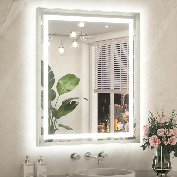 Led Bathroom Mirror 30 x 36 with Brushed Nickel Frame Anti-Fog Frontlit & Backlit Vanity Mirror Stepless Dimmable 3 Colors White/Warm/Natural Wall-Mounted