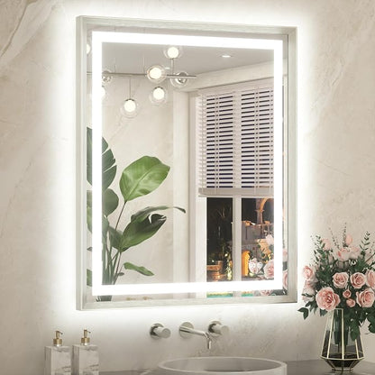 Led Bathroom Mirror 30 x 36 with Brushed Nickel Frame Anti-Fog Frontlit & Backlit Vanity Mirror Stepless Dimmable 3 Colors White/Warm/Natural Wall-Mounted