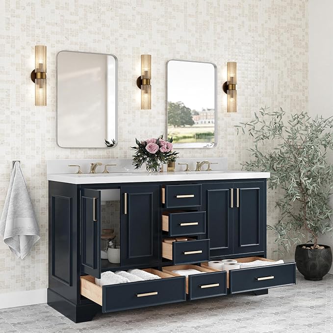 ARIEL Stafford 60-inch Bathroom Vanity with Sink,Solid Wood, 1.5-inch Pure White Quartz Countertop, Double Rectangular Porcelain Sink, 4 Soft Closing Doors, 6 Dovetail Drawers, Midnight Blue