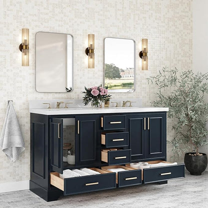 ARIEL Stafford 60-inch Bathroom Vanity with Sink,Solid Wood, 1.5-inch Pure White Quartz Countertop, Double Rectangular Porcelain Sink, 4 Soft Closing Doors, 6 Dovetail Drawers, Midnight Blue