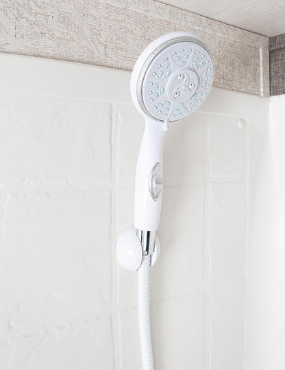 Camco RV Shower Head - Features Convenient On/Off Switch & 5 Different Spray Patterns - Designed to Conserve Potable Water - Simple to Clean w/Rubber Spray Tips - White (43711) | Conserves potable water, rubber tips for easy cleaning, 4 in diameter, 9 ...