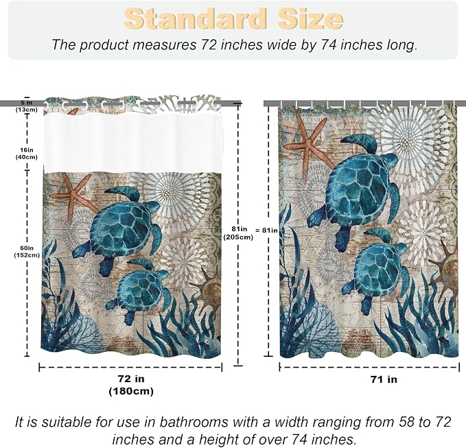 Green and Teal Sea Turtles Theme No Hook Waffle Weave Shower Curtain with Snap in Liner Nautical Beach Bathroom Blue Ocean Decor Set 72 W x 81 H Inch Teal