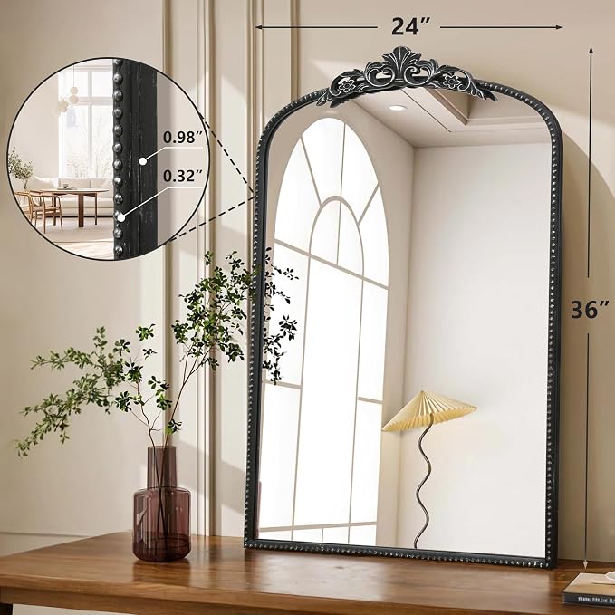 Micasso Bathroom Mirrors for Over Sink: 24"x36" Balck Vintage Arched Mirror | Traditional Ornate Baroque Decorative Antique Wall Mirror for Bedroom/Entryway/Hallway/Dresser/Vanity/Mantel/Nightstand