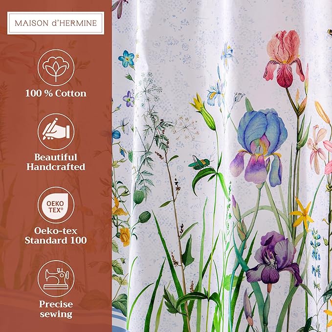Maison d' Hermine Shower Curtain 100% Cotton One Panel 70"x72" Washable Fabric Shower Curtains for Bathroom, Easy Hanging with 12 Button Holes - Home Hotel Spa Easter Gifts (Fleurs De Mai)