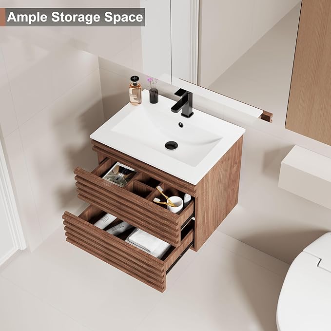 LUCKWIND 24" Floating Bathroom Vanity with Sink, Mid-Century Wall Mounted Big Drawer Cabinet with Ceramic Sink, Water Saving Faucet and Wood Stripes Style, Walnut