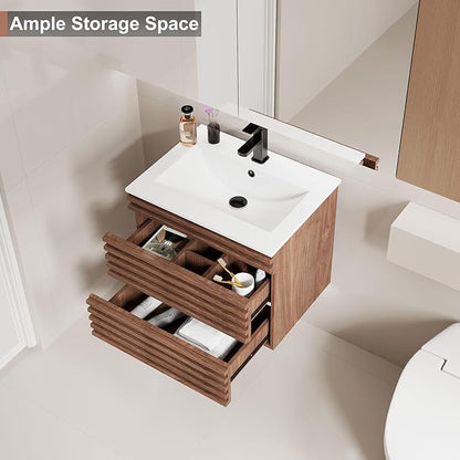 LUCKWIND 24" Floating Bathroom Vanity with Sink, Mid-Century Wall Mounted Big Drawer Cabinet with Ceramic Sink, Water Saving Faucet and Wood Stripes Style, Walnut
