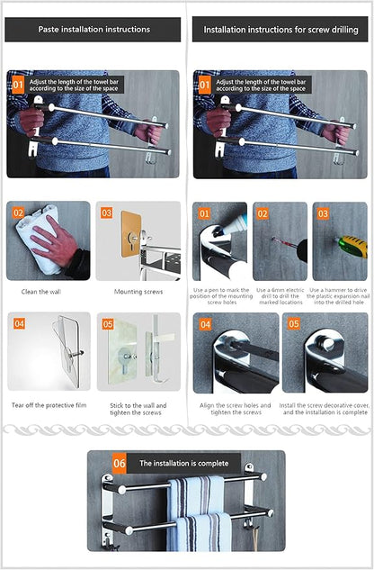 Towel Bars Hanger Freely Retractable 20-30 Inche Stainless Steel 304 Bath Rack Strong 3M Adhesive Bathroom Wall Free mounting Hole-Installing washroom Kitchen Space Saving 3 Bars
