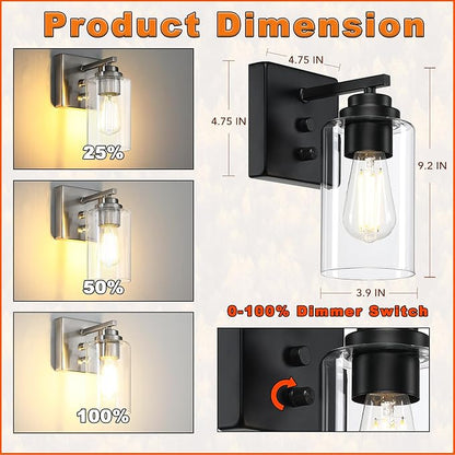 Wall Sconces Set of Two, Wall Mounted Bedside Lamps with Rotary Switch, Matte Black Sconces Wall Lighting, Bathroom Light Fixtures with Clear Glass Shade, Wall Lights for Bedroom Living Room