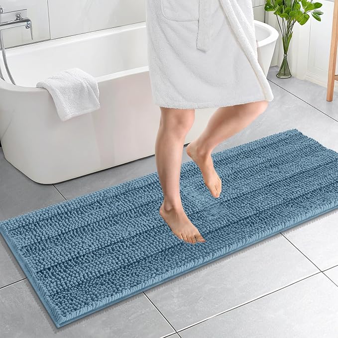 OLANLY Thick Bathroom Runner Rugs 59x20, Soft Chenille Bath Rugs, Airy Blue | Absorbent Striped, Rubber Backing, Machine Wash, Long Bath Mats for Bathroom Floor, Tub and Shower, Home Decor Accessories