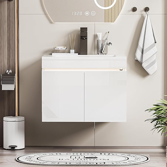 Spurgehom 24 inch Bathroom Vanity with Sink and Faucet, Floating Vanity Bathroom Cabinet with Night Light Motion Sensor, Modern Wall Mounted Bathroom Storage Cabinet, Soft-Close System, White