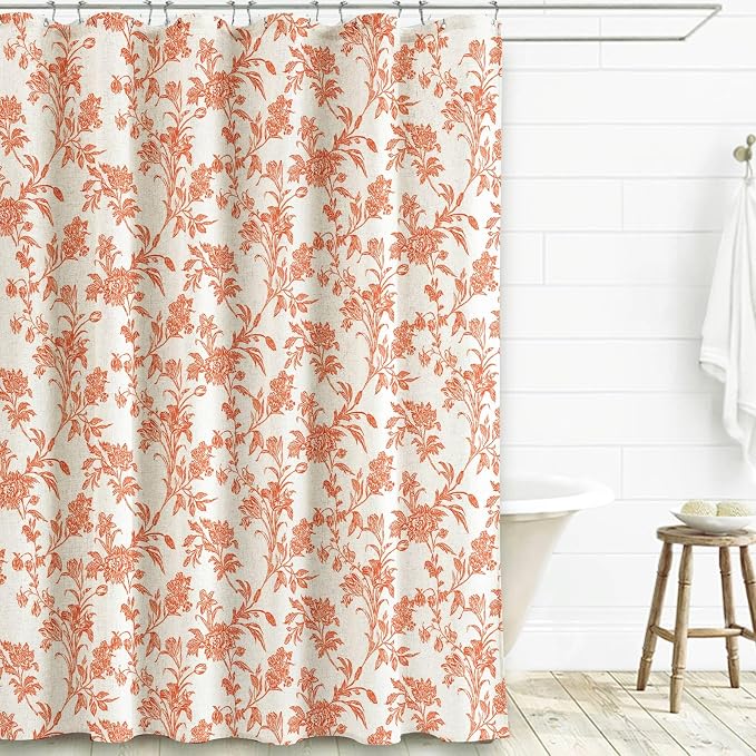 WOUVMA Orange Shower Curtain Floral Cotton Linen Cottagecore Shower Curtain for Bathroom 72" W x 72" L