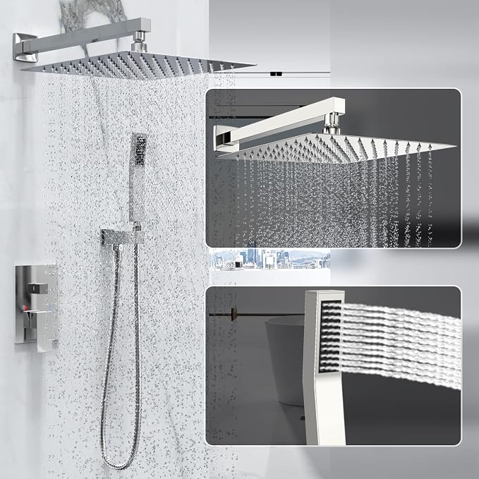Chrome Rain Shower System Faucet Set with Handheld, 10 inch | Solid Metal Wall Mount Rainfall Shower Set with Safe Anti-Scald Valve, Air Injection High Pressure Water Saving Combo