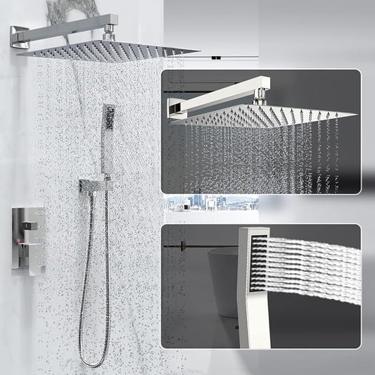 Chrome Rain Shower System Faucet Set with Handheld, 10 inch | Solid Metal Wall Mount Rainfall Shower Set with Safe Anti-Scald Valve, Air Injection High Pressure Water Saving Combo