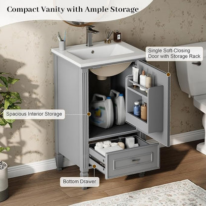 Merax 20 Inch Small Bathroom Vanity with Sink, Vanity Cabinet with Bottom Drawer and Door Rack Organizer, Adjustable Shelf, Grey