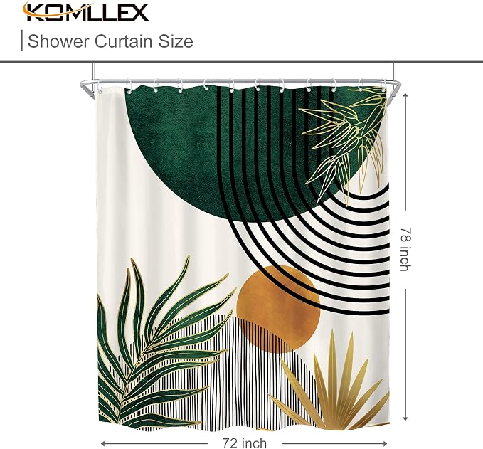 KOMLLEX Mid Century Green Boho Abstract Modern Bathroom Shower Curtain Set | 72Wx78L Plant Botanical design, waterproof HD print with fast-drying fabric and 12 hooks.