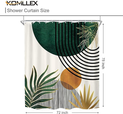 KOMLLEX Mid Century Green Boho Abstract Modern Bathroom Shower Curtain Set | 72Wx78L Plant Botanical design, waterproof HD print with fast-drying fabric and 12 hooks.