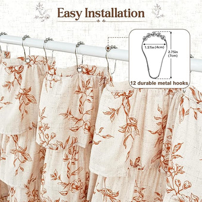 Fall Extra Long Ruffle Shower Curtains for Bathroom with Floral, 72"Wx84"L | Orange Floral Print, Ruflle Design, 12 Metal Hooks, Vintage Rustic Washable Waterproof Shower Curtain for Bathroom Bathtub