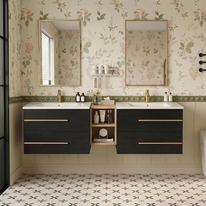 72 Inch Floating Double Sink Bathroom Vanity with Sink Combo, Modern Wall-Mounted Vanities Cabinet with Large Soft-Closing Drawers, Double Vanity Sinks for Bathrooms, Black&Natural
