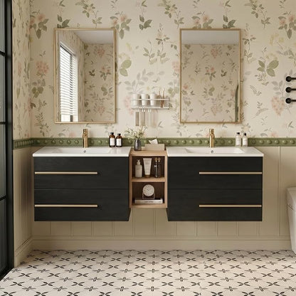 72 Inch Floating Double Sink Bathroom Vanity with Sink Combo, Modern Wall-Mounted Vanities Cabinet with Large Soft-Closing Drawers, Double Vanity Sinks for Bathrooms, Black&Natural