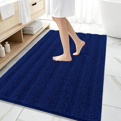 OLANLY Thick Large Bathroom Rugs 59x35, Soft Chenille Bath Rugs, Navy | Absorbent Striped, Rubber Backing, Machine Wash Dry, Bath Mats for Bathroom Floor, Tub and Shower, Home Decor Accessories