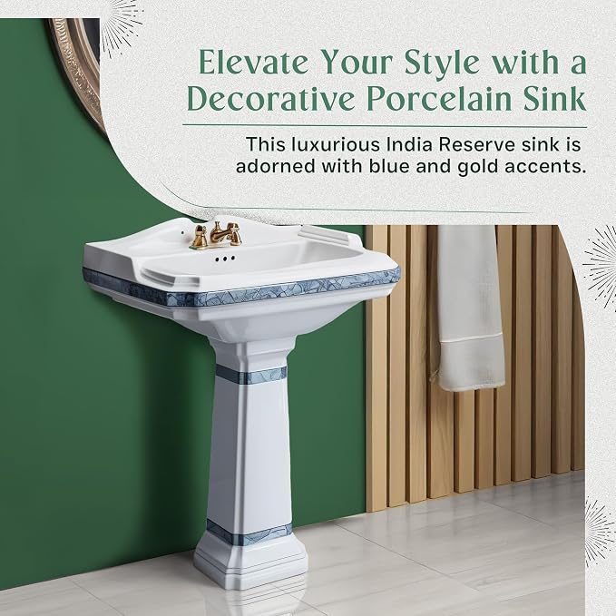 Renovators Supply Manufacturing India Reserve 23" W x 34.25" H x 18.5" Proj. Ornate Blue Gold Bathroom Pedestal Sink, Vitreous China, Compatible with 4 in. Centerset Faucets