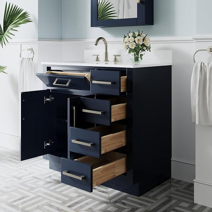 36-Inch Bathroom Vanity with Sink W/ 2 Doors & 4 Drawers & 1 Flip Drawer, Navy Blue Vanity W/Brushed Nickel Handles