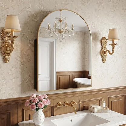 Casaphoria 39" H x 30" W Arched Bathroom Medicine Cabinet with Mirror, Metal Frame Wall Medicine Cabinets Mirrors, Wall Mirror Cabinet, Gold A